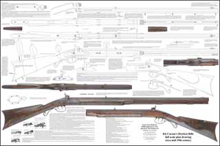 Plan Drawing,
full exact size, with tips for assembly,
Kit Carson Hawken percussion halfstock rifle